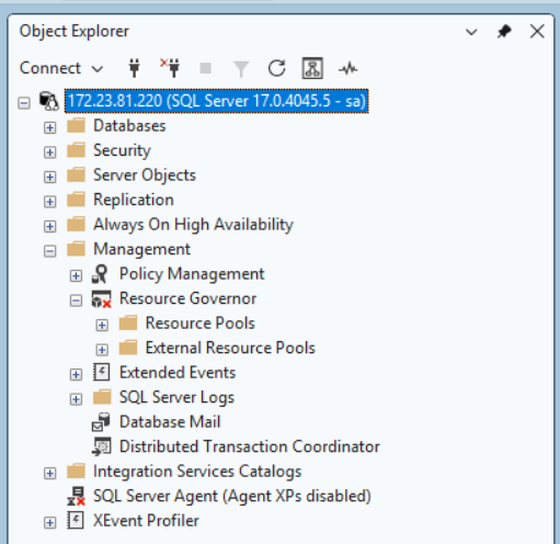 Le nœud Resource Governor déplié dans l’Explorateur d’objets de SSMS, sous Management, avec les dossiers Resource Pools et External Resource Pools